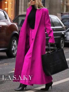 Lasaky - Urban Loose Fit Long Sleeve Coat with Lapel Collar Plain Coats, Types Of Coats, Long Sleeve Coat, Fitted Coat, Pink Coat, Long Blazer, Collared Coat, Long Sleeves Coats, Deep Pink