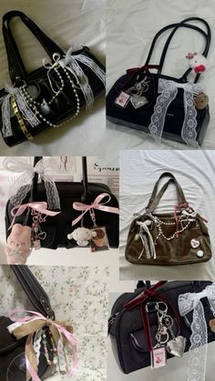 #bagsandpurses Aesthetic Bag Pictures, Purse With Charms Aesthetic, Decorated Bags Aesthetic, Cute Bag Accessories, Must Haves For Women, Decorated Handbag, Bag Charms Aesthetic, Decorated Bag, Coquette Bag