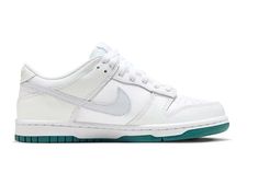 The Nike Dunk Low 'White Grey Teal' is a classic silhouette crafted with premium leather and mesh tongue and lining. The sneaker features a white base with grey Swoosh detailing and a teal rubber sole. Perfect for any activity, the Dunk Low is inspired by the iconic Nike Dunk series, making it a timeless addition to any wardrobe. With its sleek design and comfortable fit, this sneaker is sure to be a hit. (SNKR/Skate/Low Top/Shock-absorbing) White Skate Shoes With Translucent Outsole For Sports, Classic White Skate Shoes For Sports, Nike Dunk Low, Dunk Low, Classic Silhouette, Nike Dunk, Stylish Sneakers, Skate Shoes, Nike Dunks