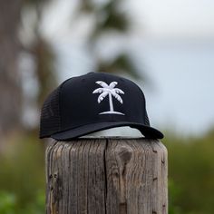 Palm Tree Hat, 3D Puff Embroidery (Embroidered hat), Tree Hat, Island Cap, Tropical, Adjustable Hat, Snapback, Trucker Hat - Snapback trucker style hat - Mid profile structure - Custom curved visor - Soft cotton sweatband - 7-snap adjuster - 7 - 7 7/8 One Size - Embroidery is 2.3" x 2.5" Flat Brim Trucker Hat For Baseball Season, Trucker Baseball Cap With Curved Brim, Adjustable Trucker Baseball Cap With Curved Bill, Trucker Style Baseball Cap For Baseball Season, Trucker Snapback Hat With Curved Bill For Baseball Season, Adjustable Flat Bill Trucker Hat For Baseball Season, Trucker Dad Hat With Curved Bill For Baseball Season, Outdoor Black Snapback Sun Hat, Adjustable Flat Brim Trucker Hat For Baseball Season