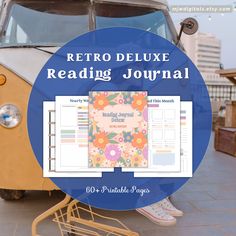 a person sitting on top of a cart with the words retro deluxe reading journal