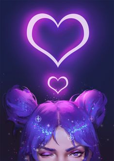 a girl with blue hair and purple eyes is in front of a heart shaped neon sign