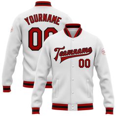 a white baseball jacket with the name and number on it, that reads your name