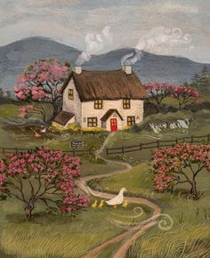 a painting of a house on a country road