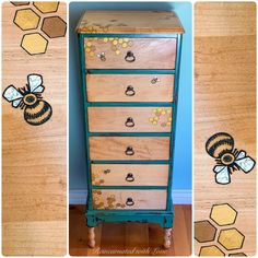 an old dresser painted with bees and honeycombs on the bottom, next to some stencils