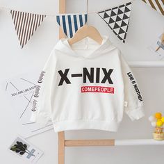 Letter Pattern Hoodie for Children Boy - PrettyKid White Long Sleeve Sweater With Letter Print, White Long Sleeve Sweatshirt For Spring, Spring Graphic Print Hooded Sweater, Spring Letter Print Hoodie Sweater, Spring Hooded Sweater With Graphic Print, White Letter Print Sweater For Spring, White Long Sleeve Outerwear With Letter Print, Long Sleeve Top With Letter Print For Spring, Graphic Print Hoodie Sweater For Spring