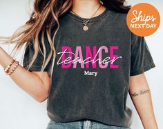 Elevate your dance class style with our custom 'Dance Teacher' shirt, designed for passionate instructors, choreographers, and those dedicated to nurturing talent, inspiring creativity, and fostering a love for dance in their students. For a smooth and hassle-free transaction, please read the entire listing, FAQs, policies, and shop announcement. Thank you!💛 MATERIAL This shirt is made of premium quality cotton/polyester blend for a great quality soft feel, and comfortable retail fit. BRAND: Co Dance Teacher Tshirt, Dance Teacher Shirts Design, Dance Teacher Shirt, Fitted Hip Hop T-shirt For Dance, Stretch Cotton T-shirt For Dance Class, Dance Tshirt Ideas, Stretch Dancewear Tops For Dance Class, Fitted T-shirt For Summer Dance, Stretch Tops For Dance Class