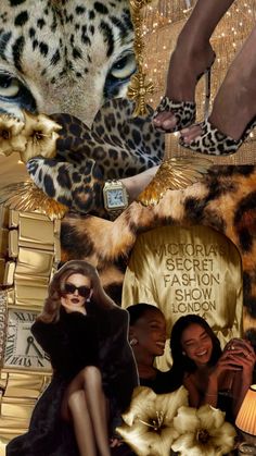 a collage of photos with women, leopards and other animal related items on them