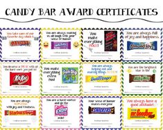 a candy bar reward certificate is shown in this image, with the words candy bar on it