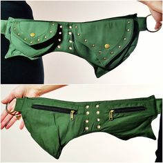 two pictures of a woman's green belt with gold rivets and zippers