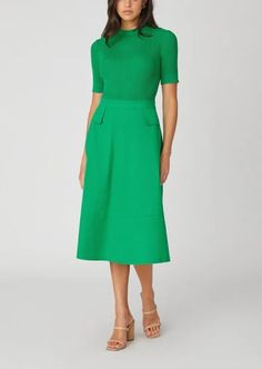 Summer Ribbed Midi Dress For Work, Summer Workwear Ribbed Midi Dress, Short Sleeve Midi Dress With Pockets For Work, Chic Midi Dress With Crew Neck For Work, Ribbed Knee-length Midi Dress For Work, Green Short Sleeve Midi Dress For Work, Poplin Midi Dress, Midi Length Skirts, Winter Colors