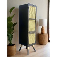 a black and yellow cabinet sitting on top of a wooden floor next to a potted plant