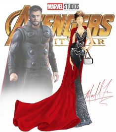 a drawing of a woman in a black and red dress next to an image of the avengers movie character