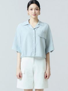 Composition : Shell: rayon 75% cotton 13% linen 12%Color : BLUE_4(44),BLUE_5(55),BLUE_6(66),LIGHT BEIGE_4(44),LIGHT BEIGE_5(55),LIGHT BEIGE_6(66)Country of Origin : China Blue V-neck Top With Pockets, Light Blue Collared Tops For Summer, Light Blue V-neck Summer Shirt, Light Blue Summer Shirt With Pockets, Light Blue Shirt With Pockets For Summer, Relaxed Fit Solid Color Rayon Tops, Light Blue Casual Blouse For Work, Rayon Tops For Daywear, Casual Light Blue Blouse For Work