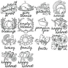 thanksgiving coloring pages with the words happy, turkey, pumpkin, and autumn written in black ink