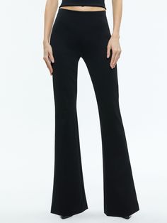 Rmp Back Zip Bootcut Pant In Black Classic Flare Full Length Jeans For Work, Classic Full-length Flare Jeans For Work, Classic Full Length Flare Jeans For Work, Sleek Stretch Wide Leg Pants For Evening, Elegant Wide Leg Flare Jeans For Fall, Elegant Full Length Flare Jeans For Work, Elegant Wide-leg Flares For Evening, Mid-rise Flares For Workwear In Fall, Stretch Wide-leg Dress Pants For Evening