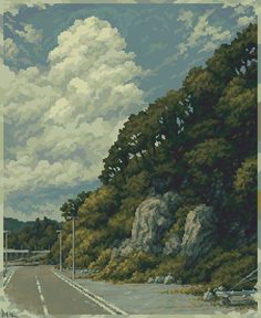 a cross - country road with trees and mountains in the background is depicted in this pixel art style