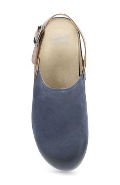 An adjustable slingback strap stabilizes this sleek leather clog with a soft, contoured footbed and rubber sawtooth sole. 1 1/4" heel; 3/4" platform Leather upper and lining/rubber sole Imported Blue Leather Platform Mules, Blue Clogs With Leather Footbed And Round Toe, Blue Closed Toe Clogs With Leather Footbed, Blue Platform Slip-on Clogs, Blue Leather Mules With Wooden Heel, Blue Leather Clogs With Leather Footbed, Leather Low Heel Clogs With Heel Loop, Leather Slingback Clogs With Wooden Heel, Blue Leather Closed Toe Clogs