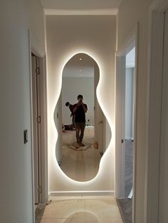 #wallmirror #homedecor #mirror #interiordesign #walldecor #hiasandinding #wallmirrordecor Interior Design Mirror Ideas, Large Led Mirror, Bathroom Light Up Mirror, Led In Bathroom, Fancy Mirror Design, Lights On Mirror, Espejos Aesthetic, Big Mirror In Bedroom, Aesthetic Mirrors