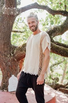 Beige Cotton Tshirt Boho Clothing Men Tee Shirt Hippie image 7 Hippie Outfits Men, Boho Clothing Men, Mens Linen Shirts Summer, Boho Men Style, Nomad Fashion, Hippie Men, Boho Men, Linen Shirt Men, Linen Casual