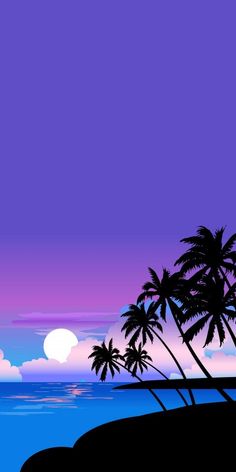 the silhouette of palm trees against a purple and blue sky