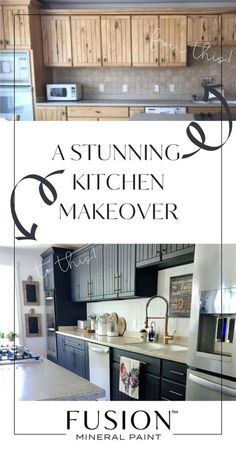 a kitchen with black cabinets and white countertops is featured in the ad for fusion cabinetry