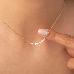 Elevate your style with our dainty 14k Curved Bar Diamond Necklace. This minimalist and handcrafted piece features a delicate bar pendant adorned with sparkling diamonds, making it the perfect wedding gift for her. Embrace the elegance and timeless beauty of this handmade diamond jewelry. Order now and make a statement of sophistication! Alternatively, choose from our options of natural, lab-grown diamonds or dazzling moissanites at three different price points to fit your unique preferences and Gold Minimalist Diamond Bar Necklace, Everyday Yellow Gold Diamond Bar Necklace, Minimalist Gold Diamond Bar Necklace, Minimalist Yellow Gold Bar Necklace With Diamond Accents, Dainty Yellow Gold Diamond Bar Necklace, Floating Diamond Necklace, Curved Bar, Forever Jewelry, Perfect Wedding Gift