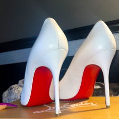 Christian Louboutin Heel Size 39 1/2 Recommended Size 8 Or 8 1/2 These Heels Run Small. Great Condition Box And Dust Bag Included Wear On Bottom Of Shoe And Heel Area White Court Shoes With Reinforced Heel And Round Toe, White Court Shoes With Reinforced Heel, White Court Shoes With Contrasting Heel Counter, White Closed Toe Court Shoes With Reinforced Heel, White High Heel Court Shoes With Reinforced Heel, White Pointed Toe Heels With Reinforced Heel, Classic White Court Shoes With 4-inch Heel, Classic White Round Toe Heels, White Heels With Reinforced Heel And Pointed Toe