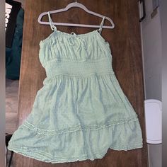 Never Worn, Great Condition Casual Cotton Mini Dress With Ruffled Straps, Cotton Ruffled Mini Sundress, Green Sundress With Ruffled Straps, Casual Mini Dress With Ruffle Hem And Ruffled Straps, Casual Mini Dress With Ruffled Straps For Day Out, Casual Fitted Sundress With Ruffled Straps, Green Casual Sundress With Ruffles, Casual Green Sundress With Ruffle Hem, Casual Mini Dress With Ruffled Straps For Brunch