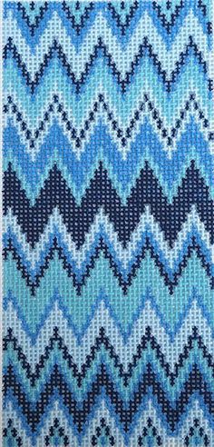 a blue and white knitted blanket with wavy lines