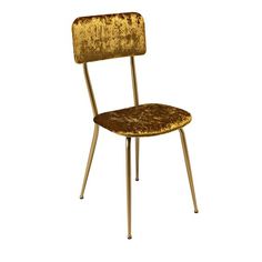 an old chair with gold velvet upholstered on the back and seat, against a white background