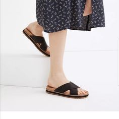 Madewell Dayna Lugsole Slide Sandal In Leather Size 8.5 Color Black Send Your Offer Black Sandals With Leather Footbed, Black Footbed Sandals For Vacation, Black Sandals With Cushioned Footbed And Flat Heel, Vacation Sandals Medium Width Slip-on, Vacation Sandals With Medium Width Slip-on, Black Sandals With Cork-bed Midsoles For Vacation, Black Summer Footbed Sandals With Cork-bed Midsoles, Black Footbed Sandals With Textured Sole For Spring, Black Leather Footbed Slip-on Sandals