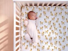 a baby laying in a crib next to a wall with yellow dogs on it