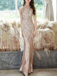 Evening Dress Champagne Mermaid Floor-Length Jewel Neck Sleeveless Zipper Chains Sequined Long Formal Party Dresses Evening Dresses Online, Valentines Day Dresses, Cheap Evening Dresses, Occasion Dresses Wedding, Maxi Bridesmaid Dresses, Formal Evening Dress, Illusion Dress, Formal Party Dress, Dreamy Dress