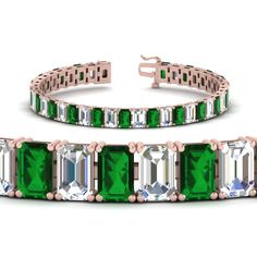 A classic piece that never goes out of style. This mesmerizing tennis bracelet features a link of emerald cut diamonds studded in a four prong setting on a glossy metal. Secured with a box clasp this bracelet is sure to enhance your wrist perfectly.   Emerald cut diamonds of 20.50 Total Carat Weight with Clarity VS2 and Color G in a prong setting. Total Number of Diamonds:- 41 The Tennis Bracelet Basket Set Emerald Cut 20 Carat can also be obtained in a wide variation of glossy metals Basket Set, Box Clasp, Rose Gold Metal, Basket Sets, Best Diamond, Emerald Cut Diamonds, Green Emerald, Tennis Bracelet, Diamond Studs