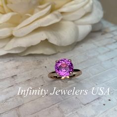 "This ring is a round cut lab created pink sapphire solitaire in 14k rose gold #6465 -Approximate total carat weight: 2.70ctw. diamond equivalent -Center Stone Size: approx. 2.70ct diamond equivalent -Center Stone Shape: round cut / 9 MM -Gem Type: lab created pink sapphire -Stone Clarity: VS2 -Stone Color: Medium Pink -Moh's Scale: 9 hardness -Metal Type and Purity: 14k rose gold -Setting: classic Tulip 4 Prong Setting -Stock Ring Size: 6 -Country of Manufacturing: USA (Michigan) For customizat Sapphire Solitaire, Ladies Ring, Rose Gold Pink, Sapphire Stone, Keep Jewelry, Gold Set, Solitaire Engagement, Solitaire Engagement Ring, Pink Sapphire