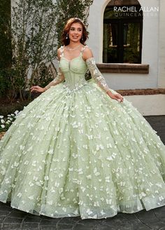 3D Butterfly Corset Quinceanera Dress by Rachel Allan RQ3112 Green Quinceanera Dresses Long Sleeve, Sage Green Butterfly Quinceanera Theme, Venue For Quinceanera, Princess Tiana Sweet 16 Ideas Dress, Quinceanera Dresses Sage Green, Quinsañera Dresses, Sage Green Quinceanera Dresses, Forest Quince, Quince Outfits