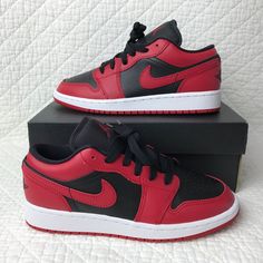 Nike Air Jordan 1 Low (GS) Shoes Youth Kid’s SZ 4.5Y Reverse Bred 553560-606 NWB For sneaker fans of the original Air Jordan design but in a lower cut, the Air Jordan 1 Low Reverse Bred GS is an iconic pair of shoes laden in bold and eye-catching. With breathable leather and a comfortable sole, complete with a flash of clean white on the bottom, these sneakers are designed in bright red and solid black for maximum impact.  Black and red make a confident pair with the Air Jordan 1 Low Reverse Bre Jordan 1 Low Reverse Bred, Jordan Design, Original Air Jordans, Nike Air Jordan 1 Low, Nike Air Jordan 1, Air Jordan 1 Low, Jordan 1 Low, Air Jordan 1, Nike Air Jordan