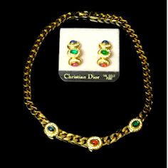 Stunning Vintage Christian Dior Gold Plated Gripoix Cabochons Necklace And Earrings Set. Necklace Has Hallmark Underneath. The Earrings Are Unsigned And Are For Pierced Ears Very Good Vintage Condition With Minimal Signs Of Wear. Gripoix Jewelry, Dior Gold, Emerald Blue, Vintage Christian Dior, Dior Jewelry, Ruby Emerald, Necklace And Earrings Set, Set Necklace, Necklace And Earrings