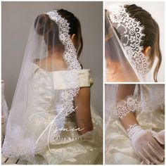 the bride's veil and gloves are all white, with lace on top of it