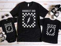 "This Funny \"Rad Dad\" and \"Rad like Dad\" tshirt is a perfect gift for any Dad and his mini. Makes a funny shirt addition to sport out your love for being a Dad.  S I Z I N G   &   C O L O R S - Please refer to sizing and color charts in the images C R E W N E C K   S W E A TE R P R O D U C T   D E T A I L S - Printed with ink - Unisex Sweatshirt - Designed with pre-shrunk soft air-jet spun yarn - Features a crewneck - The collar is ribbed knit, so it retains its shape even after washing. - D Matching Family T-shirts For Father's Day, Matching Crew Neck T-shirt For Father's Day, Matching Family Graphic Print T-shirt, Father's Day Matching Black T-shirt, Matching Graphic Print T-shirt For Gift, Family Matching Funny Print T-shirt For Father's Day, Father's Day Family Matching T-shirt With Funny Print, Matching Family T Shirts, Funny Matching