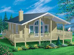 this is an artist's rendering of a house in the country side with porches and balconies