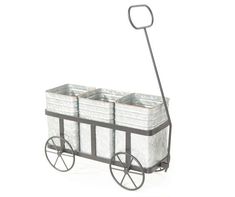 an old fashioned wagon with three buckets on it's wheels and a metal handle