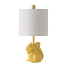 a yellow squirrel lamp with a white shade on it's head and bottom part