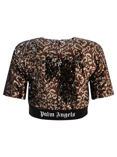 Palm Angels"Sequins Logo Tape" t-shirt100% polyesterSlim fit Fall Party T-shirt With Sequins, Sequin Short Sleeve Party T-shirt, Fitted Sequin T-shirt For Summer, Fall Crew Neck Top With Contrast Sequin, Fall Contrast Sequin Crew Neck Top, Short Sleeve Tops With Sequins For Fall, Short Sleeve Top With Sequins For Fall, Fall Short Sleeve Top With Sequins, Short Sleeve Sequined Tops For Fall