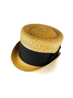 Straw topper hat in pork pie style.Made with very fine 5/6 millimeter natural straw braid. Adorned with an excellent 70 millimeters wide black grosgrain ribbon and finished with a beautiful bow to the right of the hatYou can choose the color of the grosgrain ribbon from our color chart.The high-quality of the material provides the flexibility, lightness and resistance that this elegant hat deserves.Measurements in centimeters are 28 x 21. Crown height 11,5. These measurements may have some sligh Classic Brimmed Top Hat For Spring, Formal Toquilla Straw Boater Hat For Spring, Formal Straw Hat For Spring, Formal Spring Straw Hat, Formal Straw Boater Hat For Kentucky Derby, Classic Brimmed Summer Top Hat, Summer Straw Hat With High Crown, Gold Straw Brimmed Hat, Classic Gold Hat For Summer