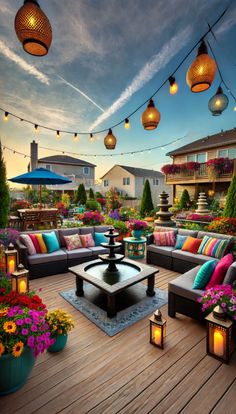 an outdoor patio decorated with colorful pillows and lights