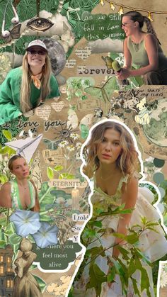 a collage of photos with women in green and white dresses, including one woman's face