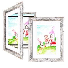 two framed pictures with the words love and a house on it, one is drawn in colored pencil