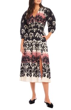 Move stylishly from day to night in this crisp poplin midi designed in a bold print and shaped by a smocked waist. 49" length (size Small) Slips on over head V-neck Three-quarter sleeves Smocked waist Side-seam pockets Unlined 100% cotton Dry clean Made in the USA of imported fabric Workwear Midi Dress With Smocked Bodice, Workwear Midi Dress With Elastic Waistband, Chic Smocked Midi Dress With Elastic Waistband, Chic Printed Midi Dress For Daywear, Daywear Midi Dress With Smocked Cuffs, Summer Dresses With Smocked Cuffs For Work, Summer Work Dresses With Smocked Cuffs, Fitted Midi Dress With Elastic Waistband, Summer Workwear Dresses With Smocked Cuffs